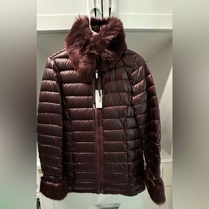 Via Spiga Dark Red Puffer Jacket with Faux Fur